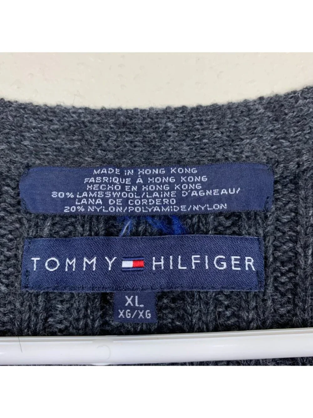 VTG Y2K Tommy Hilfiger Sweater Mens XL Grey Lambswool V Neck Preppy 00s